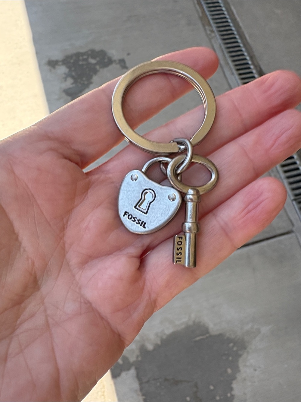 Fossil Silver-Tone Heart Lock Keyring with Key Charm